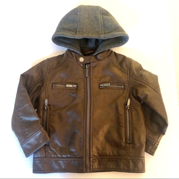 Black Rivet Other - NWOT Black Rivet faux leather jacket with hoodie, boy’s 2T, dark brown, no flaws
